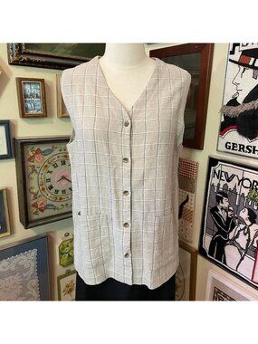 Smith & Hawken Oatmeal Beige White Black Windowpane Plaid Linen Vest Size XL
